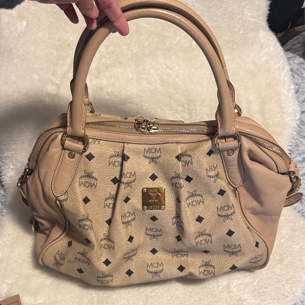 MCM Tan Leather Satchel with Logo Print